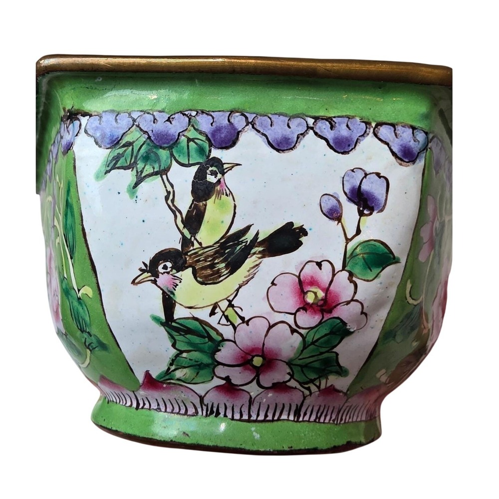 Vintage Chinese Cloisene Enamel Hexagonal Bowl Green Floral‎ Bird 4.25" Decor A3